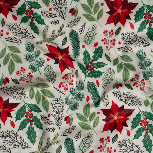 100% Cotton - Christmas Poinsettia Floral