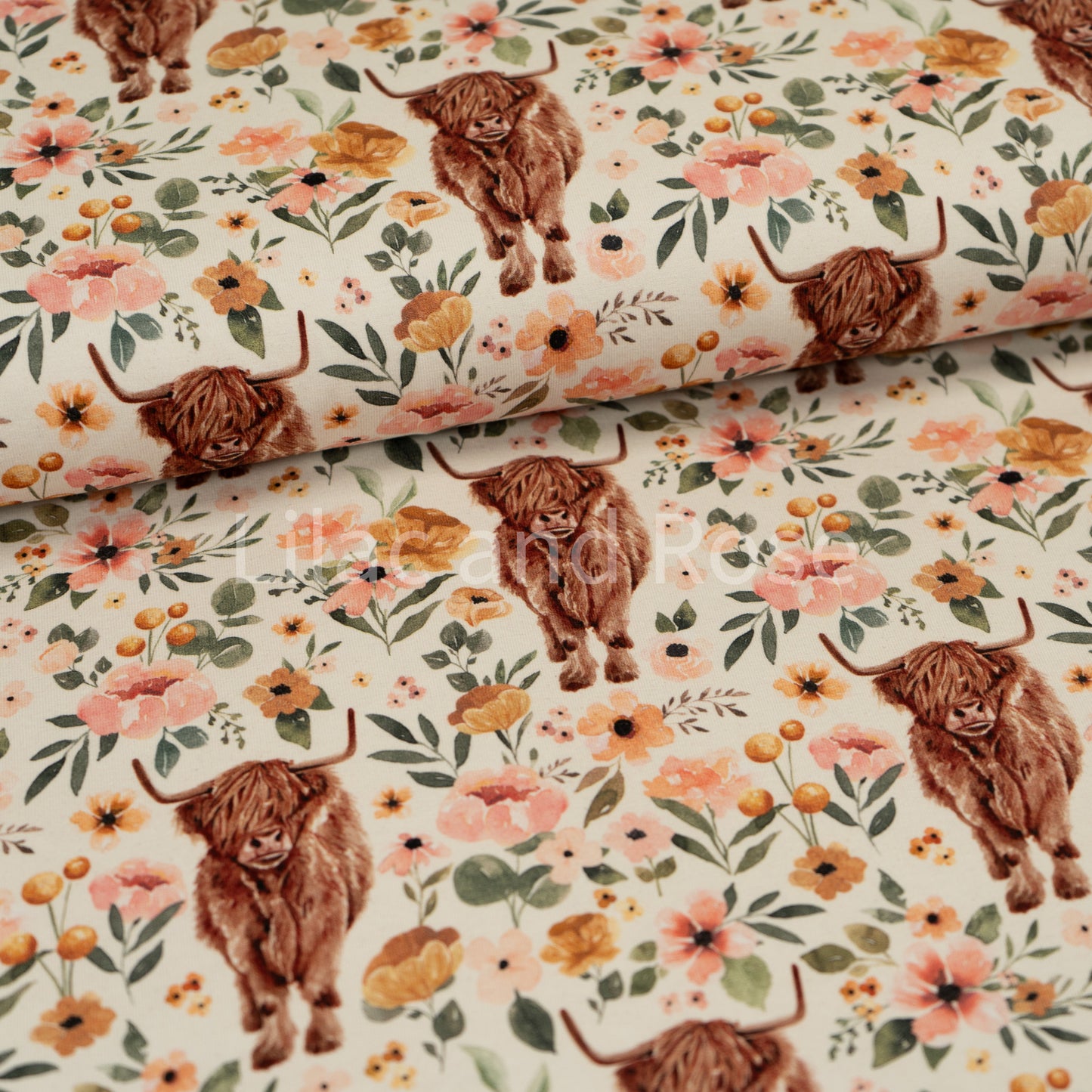 Remnant 47cm - Cotton Jersey 240gsm - Highland Cow Floral