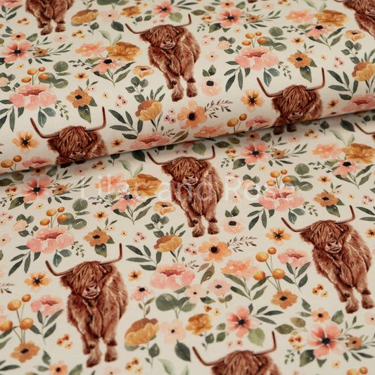 Remnant 60cm - Cotton Jersey 240gsm - Highland Cow Floral