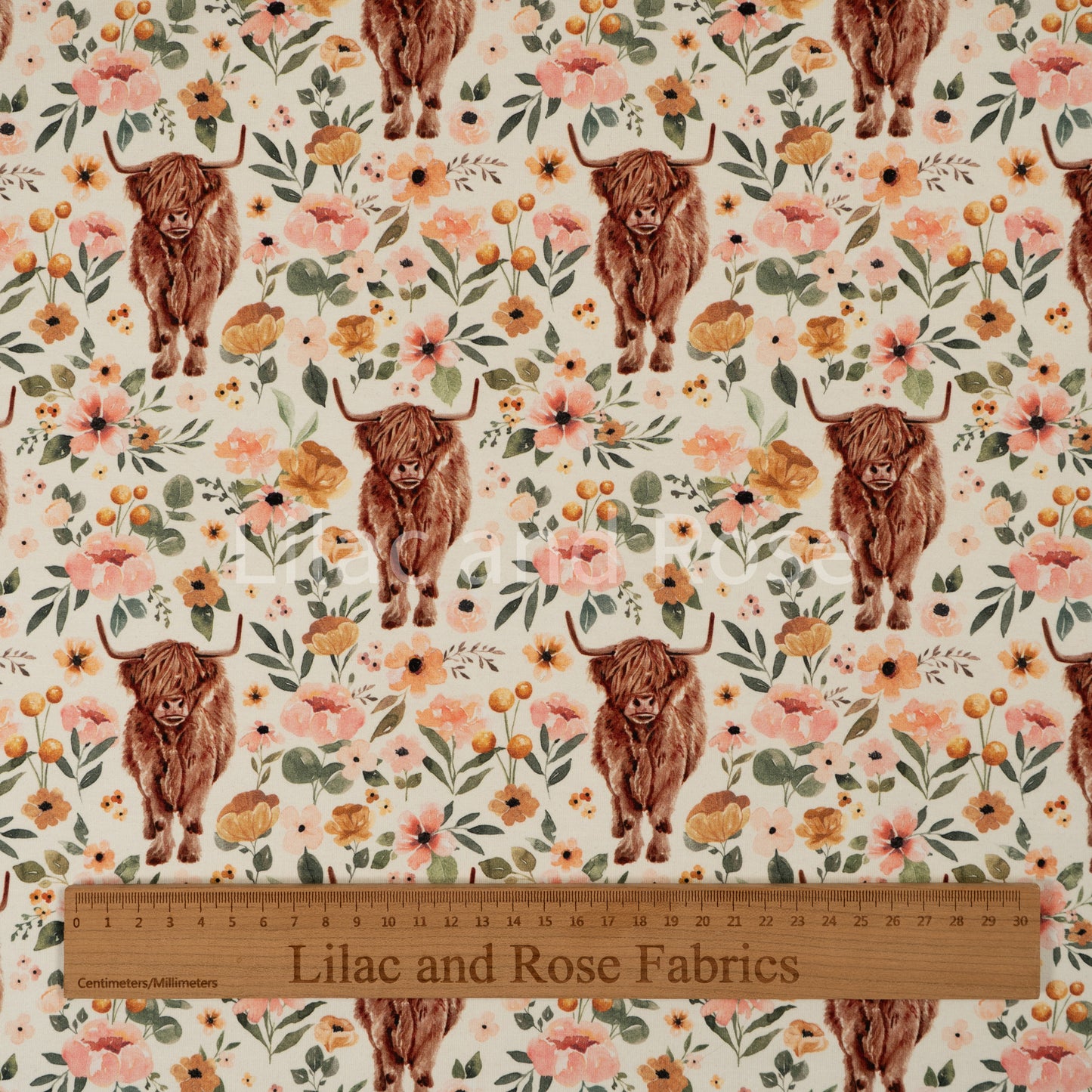 Remnant 47cm - Cotton Jersey 240gsm - Highland Cow Floral