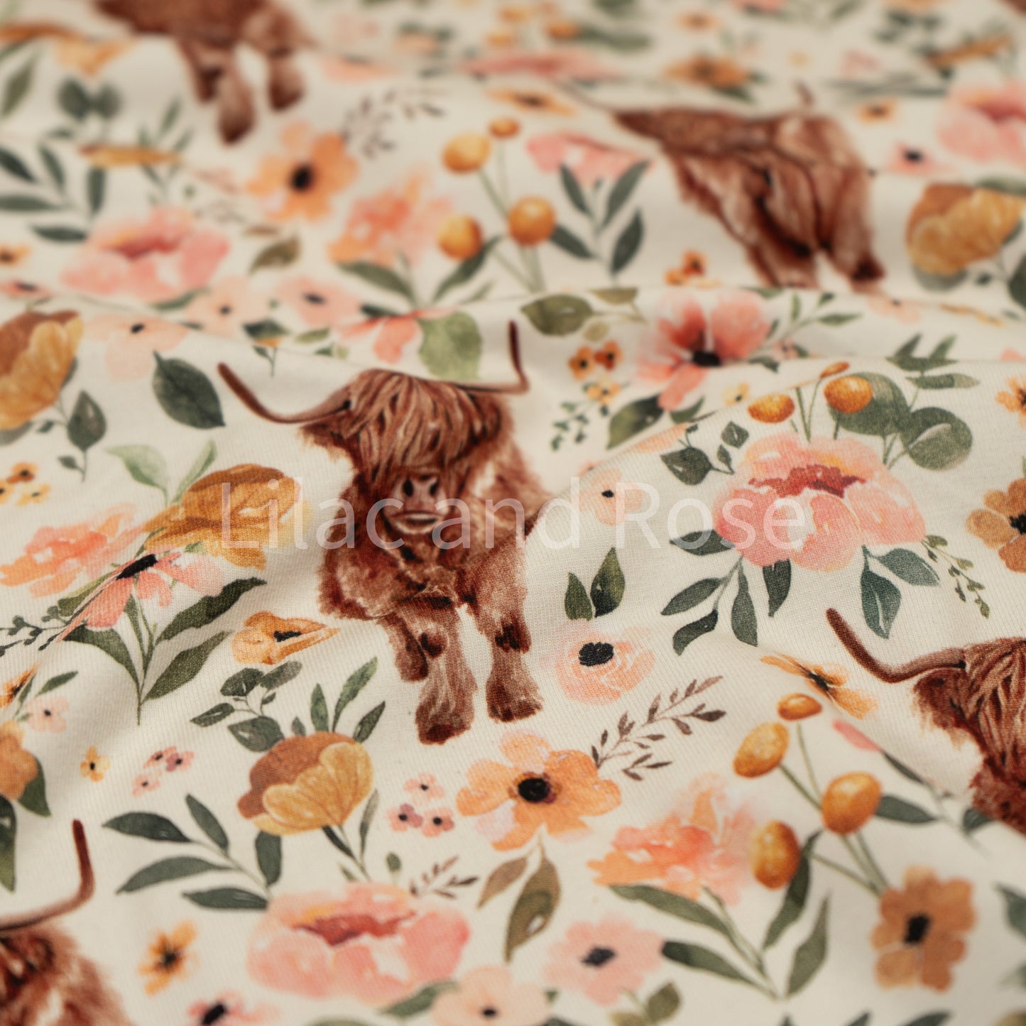 Remnant 47cm - Cotton Jersey 240gsm - Highland Cow Floral