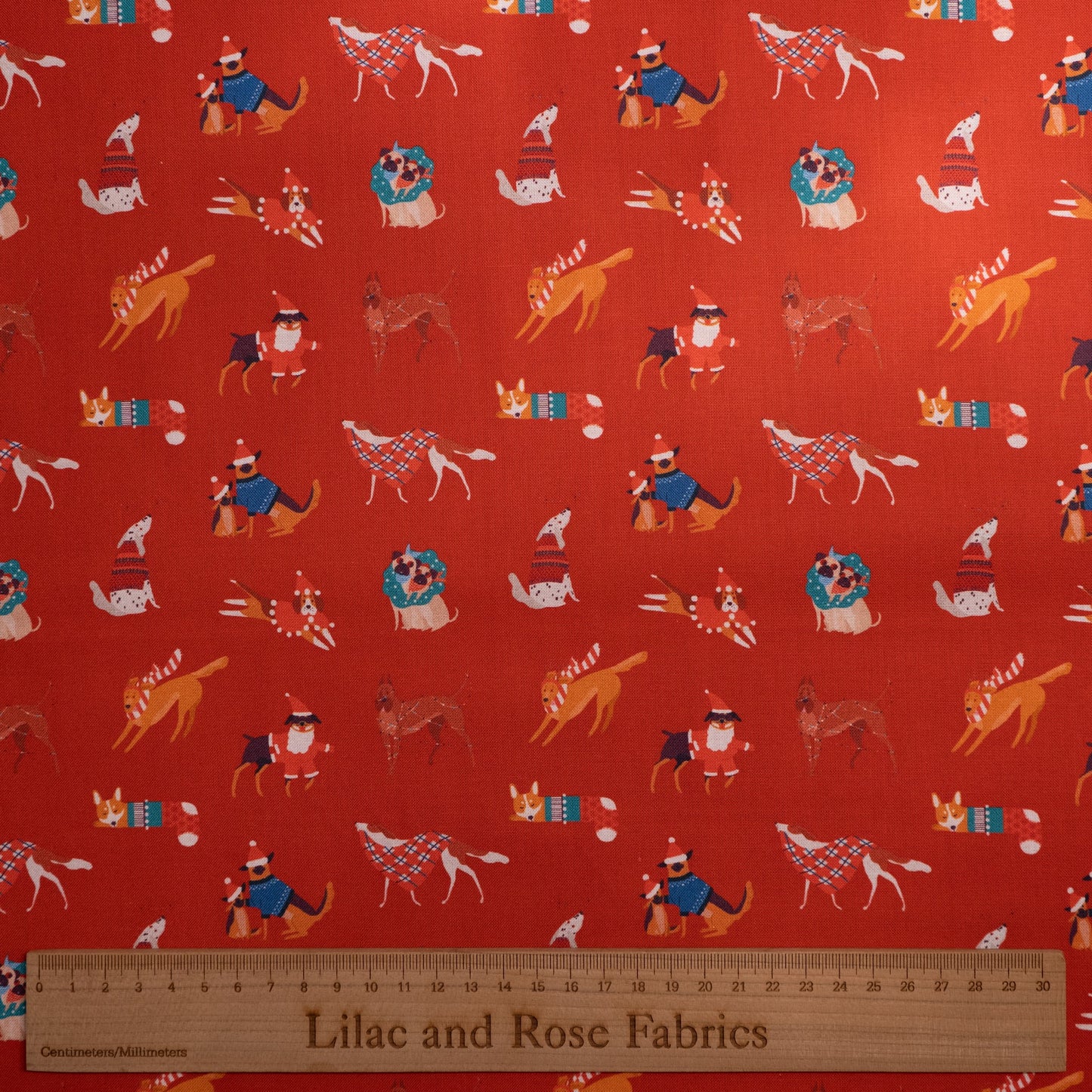 100% Cotton - Christmas Dogs in Red