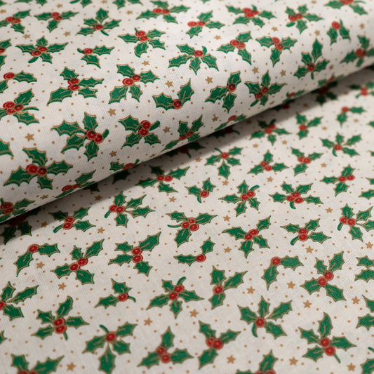 100% Cotton - Christmas Holly on Cream