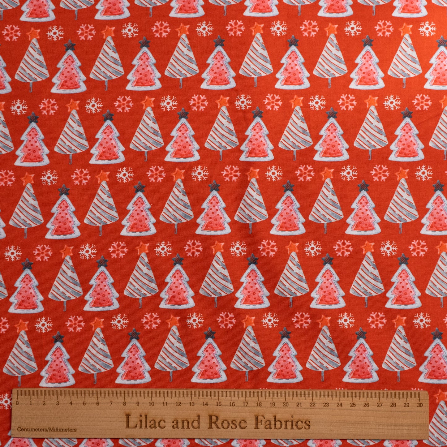 100% Cotton - Red Christmas Trees