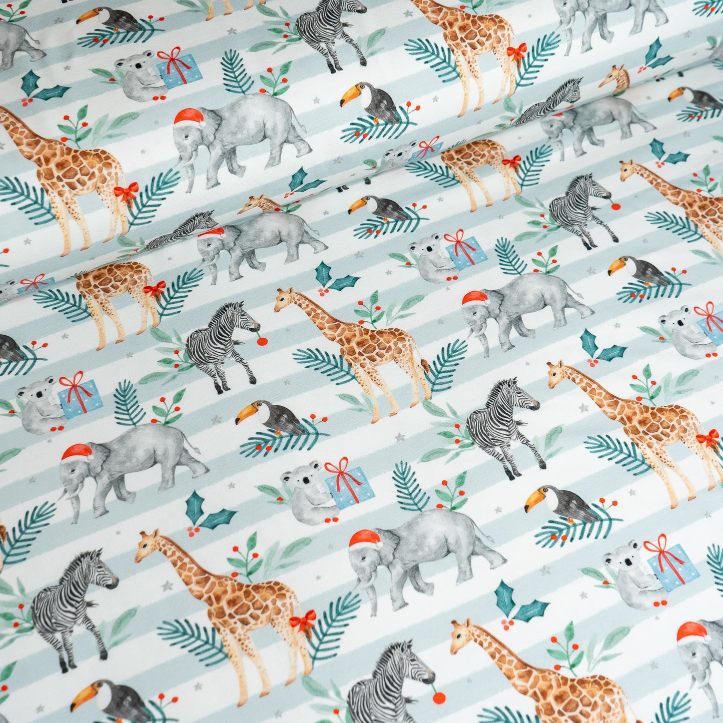 Cotton Jersey - Christmas Safari in Mint Stripes (Exclusive)