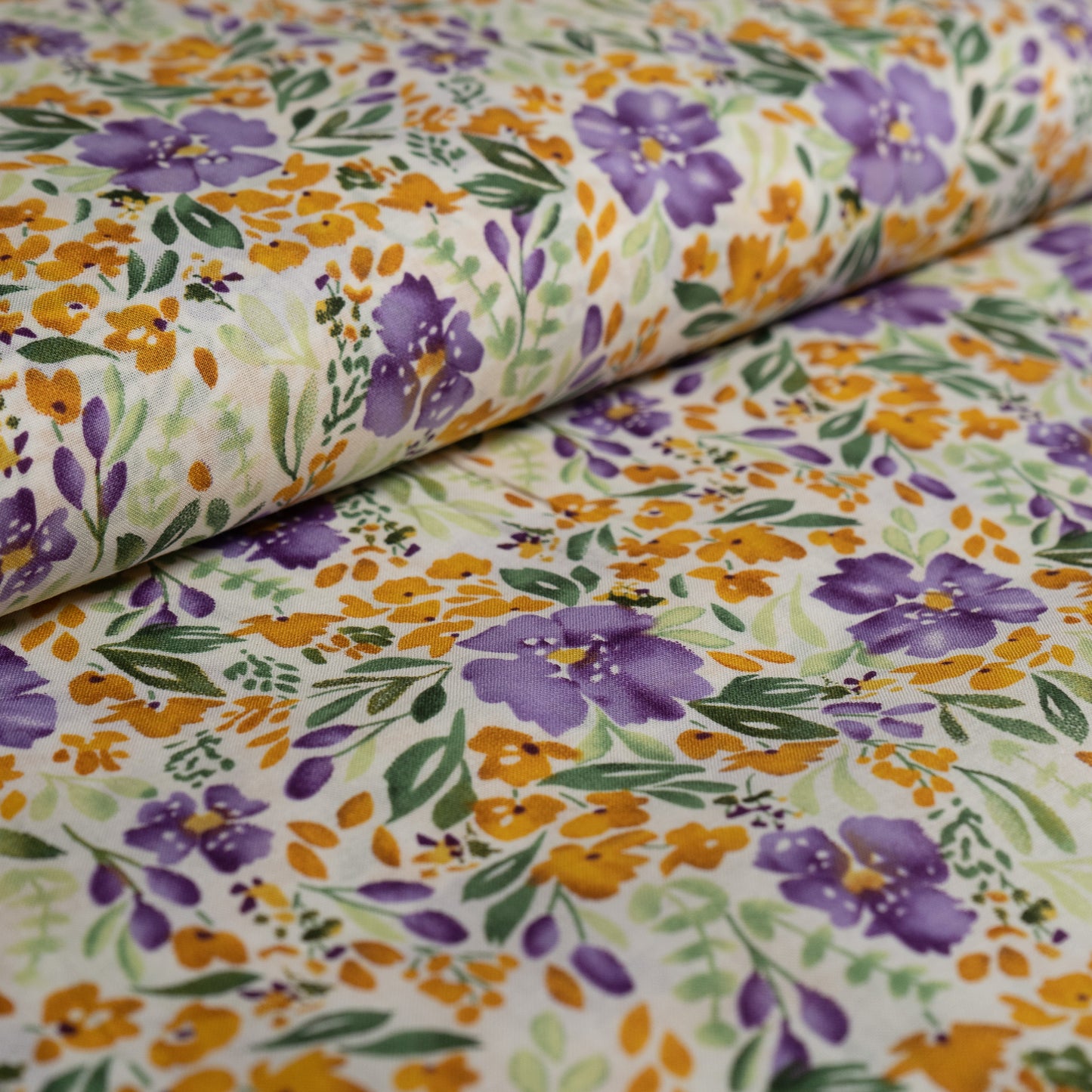 100% Cotton Lawn - Purple and Yellow Watercolour Floral