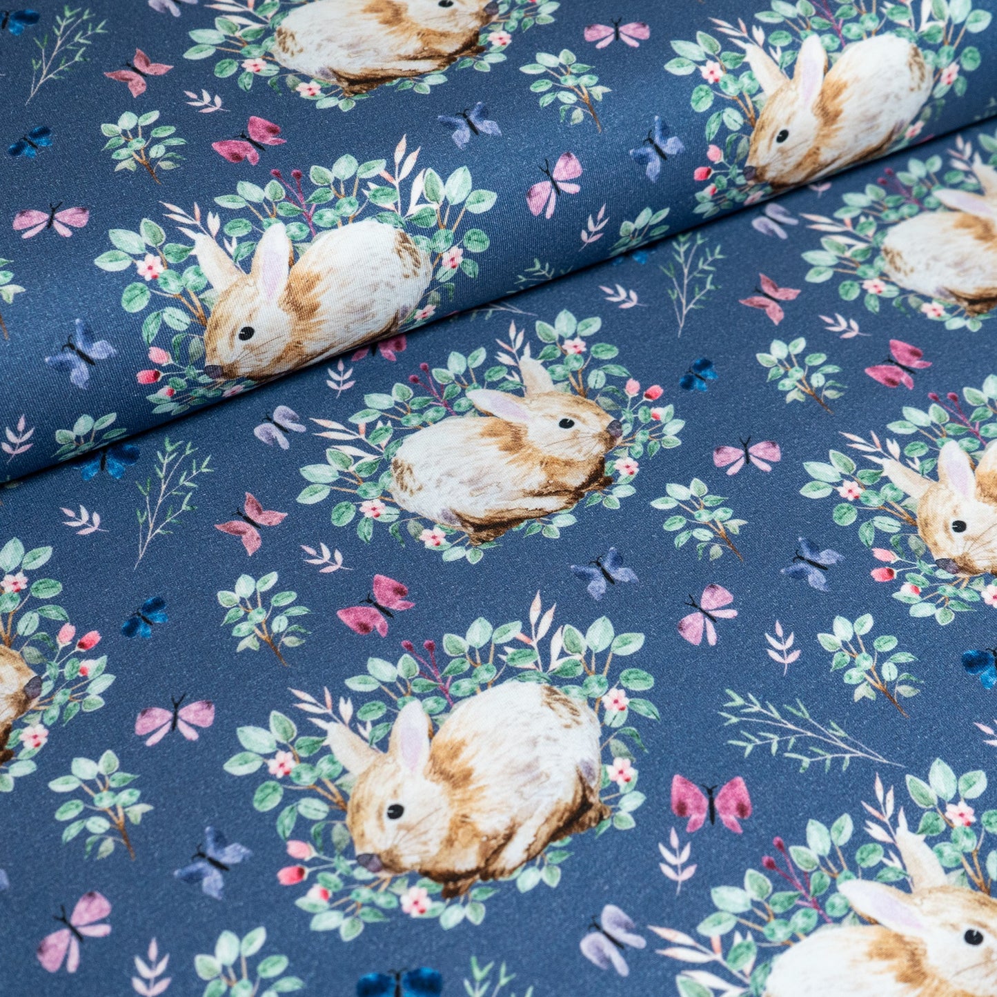 Organic Cotton Jersey - Floral Bunnies on Dusky Blue