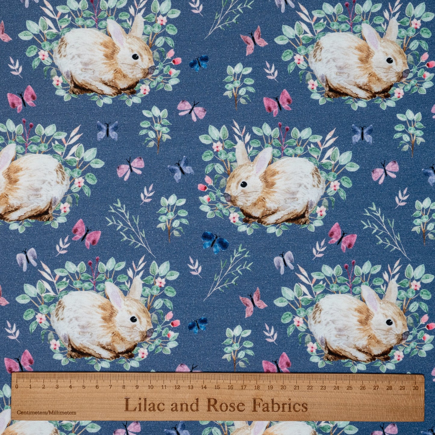 Organic Cotton Jersey - Floral Bunnies on Dusky Blue