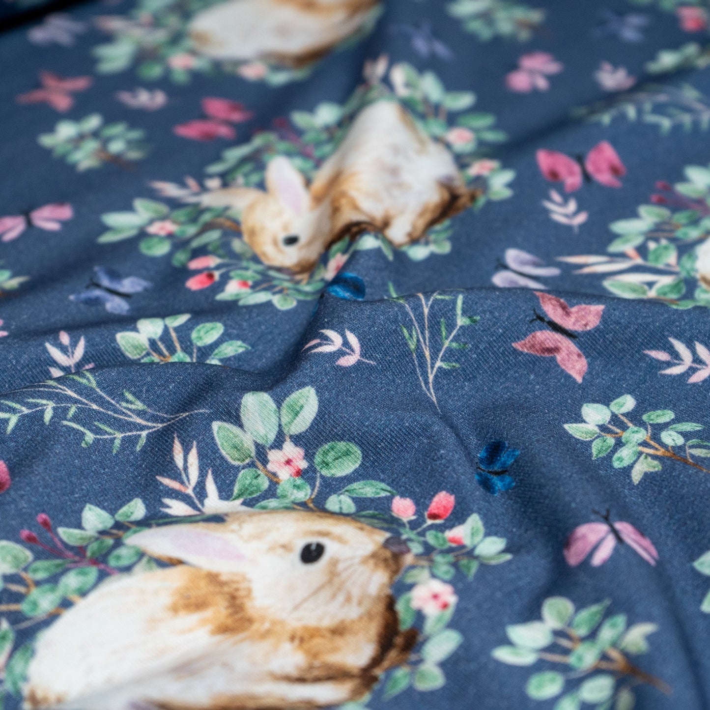 Organic Cotton Jersey - Floral Bunnies on Dusky Blue