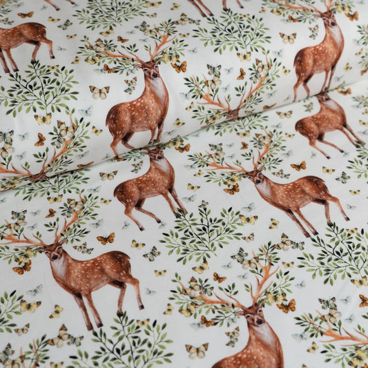 Remnant 93cm - Cotton Jersey - Floral Stags on White