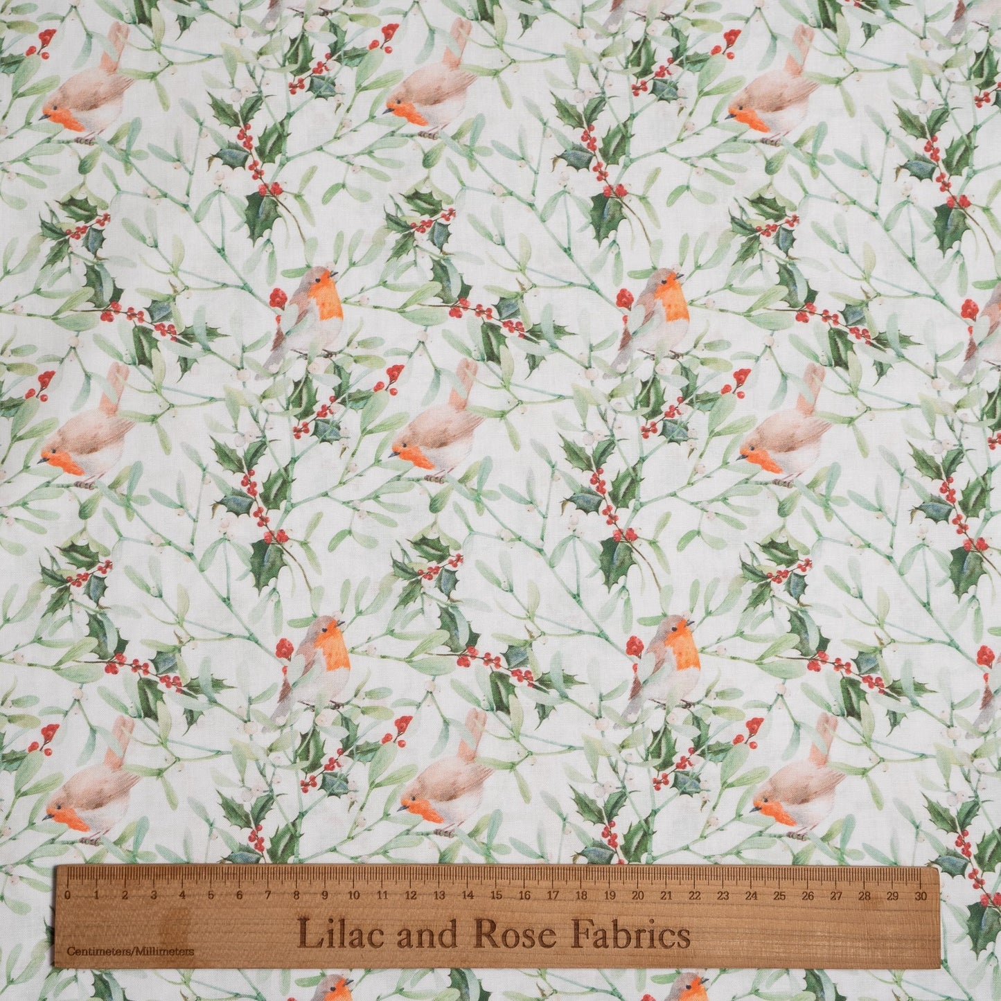 100% Cotton - Christmas Robins and Holly